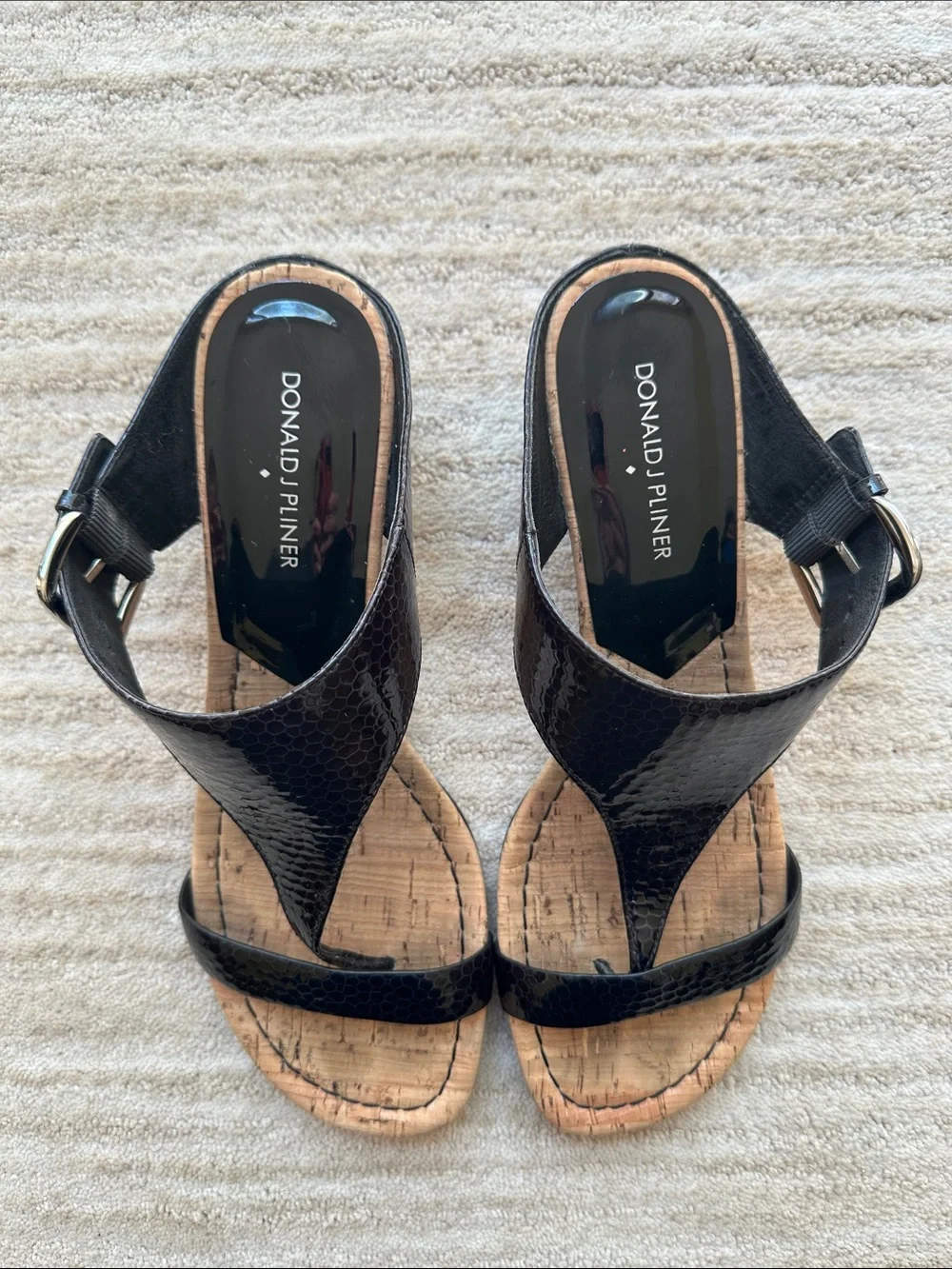 Donald J Pliner Doli Leather Buckle Cork Wedge Sandals Shoes Black Patent 9.5